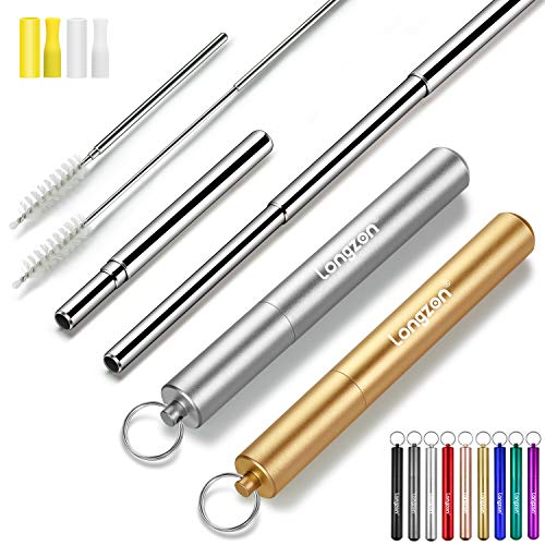 Product Cover Longzon 2 Pack Telescopic Metal Straws - Reusable, Portable, Collapsible Stainless Steel Drinking Straws with 2 Aluminum Key-chain Case & 2 Cleaning Brushes for Travel - (Silver/Champagne)