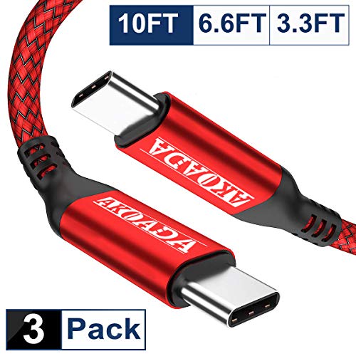 Product Cover Akoada USB C to USB C 60W Cable 3-Pack(10ft/6.6ft/3.3ft), USB-C to USB-C nylon Braided rapid Charging Cord Compatible With Google Pixel 2 3 3a XL,Samsung Galaxy Note 10,Matebook,Nexus 6P And More(Red)