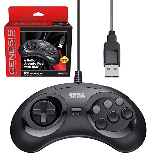 Product Cover Retro-Bit Official Sega Genesis USB Controller 6-Button Arcade Pad for Sega Genesis Mini, PS3, PC, Mac, Steam, Nintendo Switch - USB Port (Black)