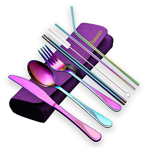 Product Cover HOMQUEN Portable Utensils,Travel Camping Flatware Set,Stainless Steel Silverware Set,Include Knive/Fork/Spoon/Chopsticks/Straws/Brush/Portable Case(Colorful-8 Piece)