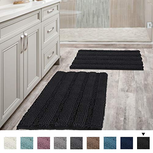 Product Cover Extra Thick Striped Bath Rugs for Bathroom - (Set of 2) Anti-Slip Bath Mats Soft Plush Chenille Yarn Shaggy Mat Living Room Bedroom Mat Floor Water Absorbent (Jet Black, 20 x 32 Plus 17 x 24 - Inches)
