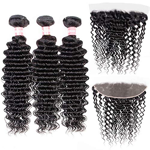 Product Cover NewYou 8a Brazilian Deep Wave 3 Bundles with 13''×4'' Frontal 100% Virgin Human Hair Bundles with Ear to Ear Lace Closure Pre-Plucked with Baby Hair Free Part Natural Color (12 14 16+10 Frontal)