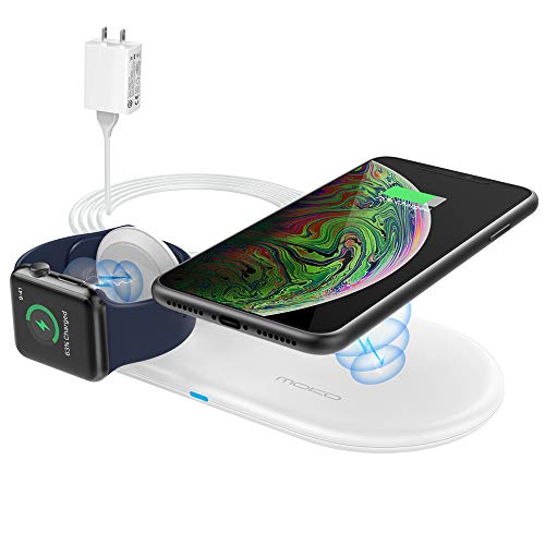 Product Cover MoKo Wireless Charging Pad, 2 in 1 Portable 10W Qi Fast Wireless Charger Dock Station Mat Compatible Apple Watch Series 2/3/4/5, AirPods 2/Pro, iPhone 11 Pro Max/11 Pro/11/XR(MFi Certified+QC Adapter)