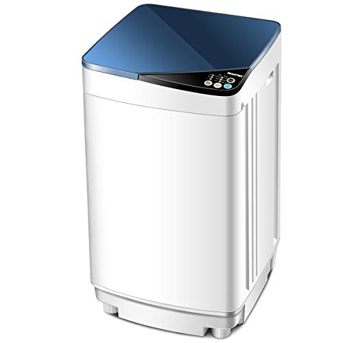 Product Cover Giantex Full-Automatic Washing Machine Portable Washer and Spin Dryer 10 lbs Capacity Compact Laundry Washer with Built-in Barrel Light Drain Pump and Long Hose for Apartments Camping (White & Blue)