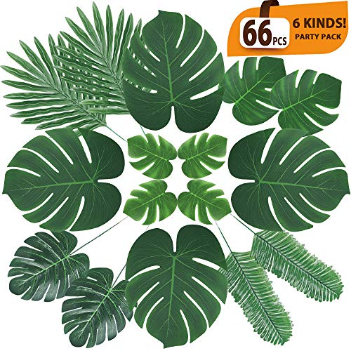Product Cover ElaDeco 66 Pcs Artificial Tropical Palm Leaves Monstera Leaves with Stems for Safari Decorations Tropical Party Supplies Jungle Beach Luau Theme Party Decorations (6 Kinds)