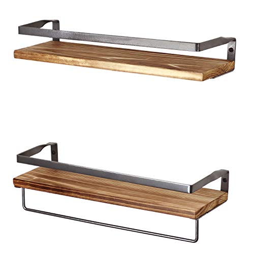 Product Cover Peter's Goods Rustic Floating Wall Shelves with Rails - Decorative Storage for Kitchen, Bathroom, and Bedroom - Elegant, Modern Shelving - Torched Cedar Wood, Black Silver Metal Frame - Set of 2
