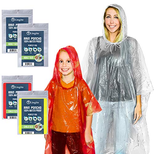 Product Cover Lingito Emergency Rain Ponchos Family Pack | 2 Adults & 2 Children Ponchos | 100% Water-Proof with Drawstring Hood and Cuffed Sleeves | Great for Camping, Hiking, and Travel