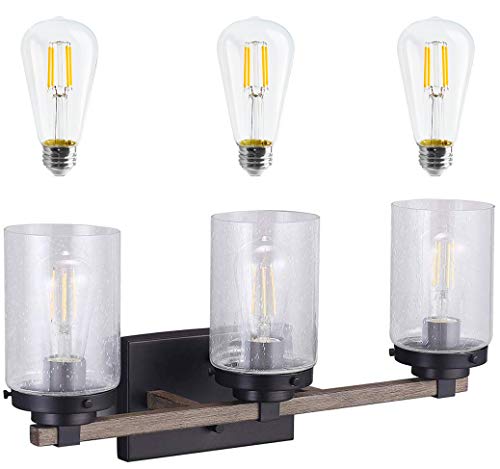 Product Cover Cloudy Bay 3 Light Distressed Black and Wood Bathroom Vanity Light,3pcs ST19 LED Flimament Bulbs Included for Farmhouse Lighting