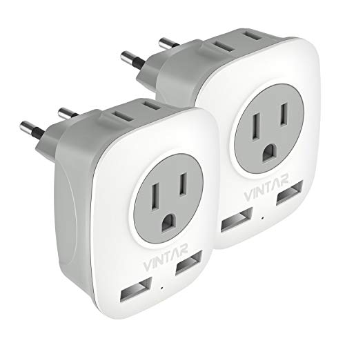 Product Cover [2-Pack] European Adapter, VINTAR International Power Adaptor with 2 USB Ports,2 American Outlets- 4 in 1 European Plug Adapter for France, Germany, Greece, Italy, Israel, Spain (Type C)