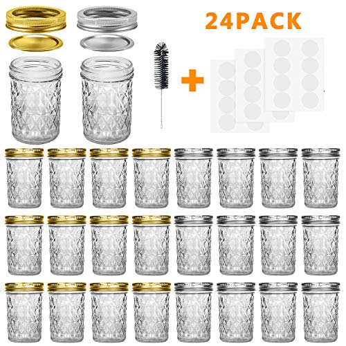 Product Cover Mason Jars, 8 OZ Mason Jars Canning Jars Jelly Jars With Regular Lids and Bands, Ideal for Jam, Honey, Wedding Favors, Shower Favors, Baby Foods, DIY Magnetic Spice Jars, 24 Pack By SPANLA