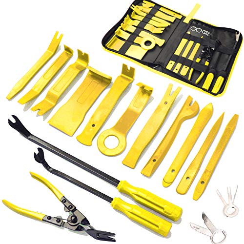 Product Cover 19Pcs Trim Removal Tool,Car Panel Door Audio Trim Removal Tool Kit, Auto Clip Pliers Fastener Remover Pry Tool Set with Storage Bag (Yellow)