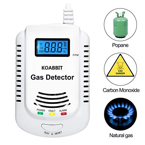 Product Cover CO Alarm Detector,KOABBIT Plug-in Carbon Monoxide & Explosive Gas Detectors 2 in 1,Home Kitchen Methane,Propane,Compound Alarm,Charging or 9V Rechargeable Battery (Not Included) With LED Display