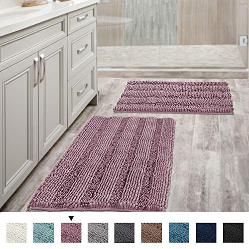 Product Cover Mauve Bathroom Rugs Ultra Thick and Soft Texture Chenille Plush Striped Floor Mats Hand Tufted Bath Rug with Non-Slip Backing Microfiber Door Mat for Kitchen/Entryway (Pack 2-20