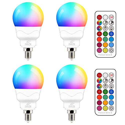 Product Cover E12 LED Light Bulbs (40w Equivalent) 5W, Color Changing RGB, A15 Small Base Candelabra Round Light Bulb, Candle Base, 2700K Warm White 12 Colors 2 Modes Timing with Remote Control (4 Pack)