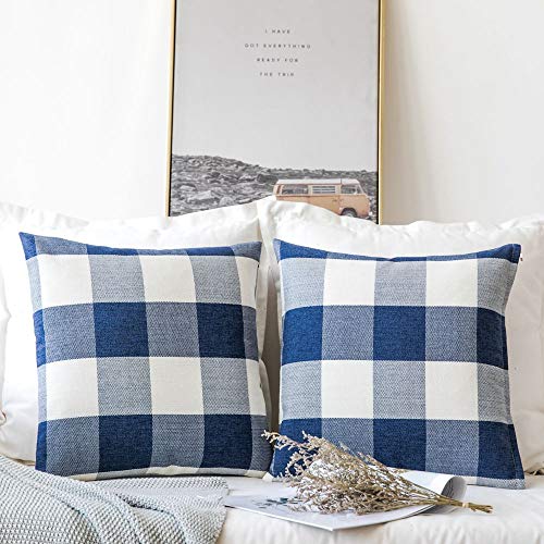Product Cover MIULEE Pack of 2 Classic Retro Checkers Plaids Cotton Linen Soft Solid Dark Blue and White Decorative Throw Pillow Covers Home Decor Design Cushion Case for Sofa Bedroom Car 16 x 16 Inch 40 x 40 cm