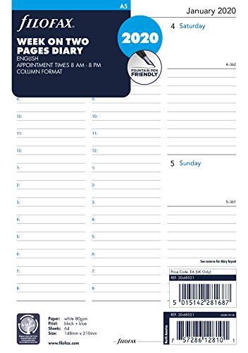 Product Cover Filofax 2020 A5 Week to View Refill, English, 8.25 x 5.75 inches (C68521-20)