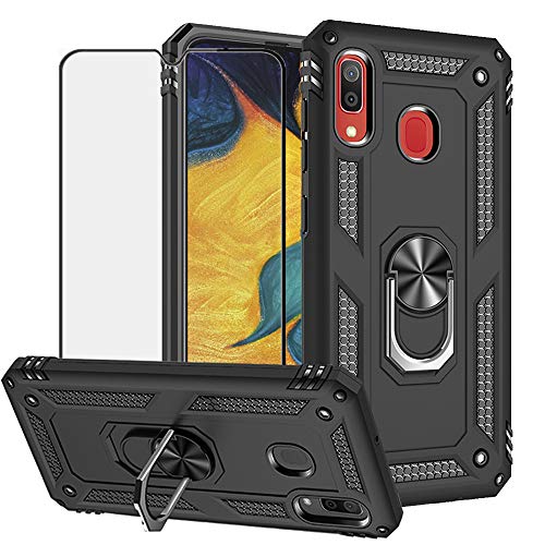 Product Cover BestShare for Samsung Galaxy A20 Case & Tempered Glass Screen Protector, Rugged Hybrid Armor Anti-Scratch Shockproof Kickstand Cover Compatible Magnetic Car Mount Ring Grip, Black