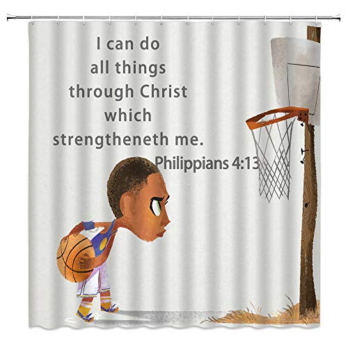 Product Cover Boy Sport Shower Curtain Basketball Inspirational Motto Decor Kid Holding Basketball Hoop Bible Backdrop,Polyester Bathroom Set Curtains 70x70 Inch with Hooks Ivory Brown