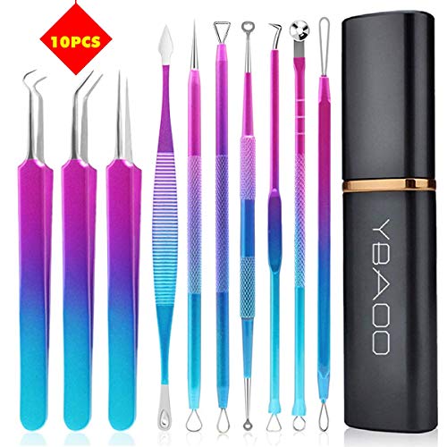 Product Cover [New]Blackhead Remover Pimple Extractor Tool 10PCS, Ybaoo Professional Surgical Pimple Popper Tool Kit - Treatment for Blackheads, Pimples, Whiteheads and Zit Popper (Colorful)