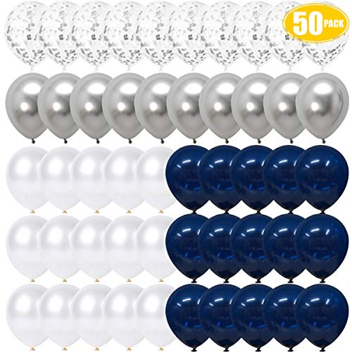 Product Cover Navy Blue and Silver Confetti Balloons, 50pcs 12 inch Metallic Silver and White Pearl Party Balloons for Shower Wedding Engagement Birthday Graduation Supplies