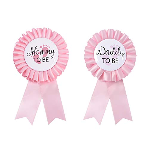 Product Cover Daddy to be & Mom to be Tinplate Badge Pin - Baby Shower Button New Dad Gifts Gender Reveals Party Baby Girl Pink Rosette Button Baby Celebration (Light Pink)