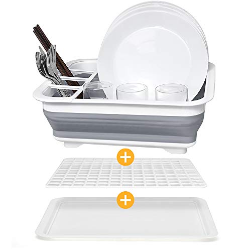 Product Cover Collapsible Dish Drainer, Dish Drying Rack, Small Folding Dish Rack, Learja Portable Dish Drying Rack with Tray, Compact Dish Drainer for Kitchen, Camper, RV, Caravan, Travel Trailer (Gray)
