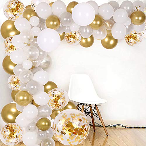Product Cover DIY Balloon Arch & Garland kit, 138Pcs Party Balloons Decoration Set, Gold Confetti & Silver & White & Transparent Balloons for Baby Shower, Wedding, Birthday, Graduation, Anniversary Organic Party