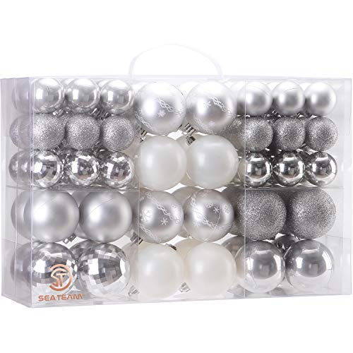 Product Cover Sea Team 86 Pieces of Assorted Christmas Ball Ornaments Shatterproof Seasonal Decorative Hanging Baubles Set with Reusable Hand-held Gift Package for Holiday Xmas Tree Decorations, Silver