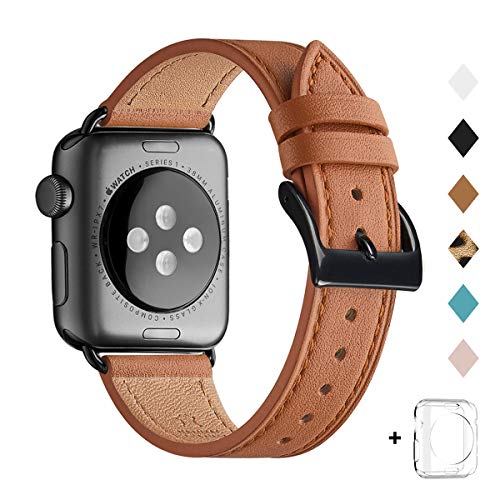 Product Cover Bestig Band Compatible for Apple Watch 38mm 40mm 42mm 44mm, Genuine Leather Replacement Strap for iWatch Series 5/4/3/2/1, Sports & Edition(Brown Band+Black Adapter 38mm 40mm)