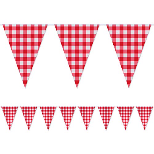 Product Cover 2 Pieces Large plastic Red and White Checkered Gingham pennant banner，Large Gingham Triangle Banner Red and White Banner for Picnic Birthday/Christmas Party Decoration Supplies-32.8 feet
