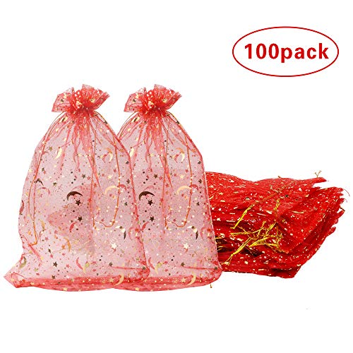 Product Cover 100 Pack 8x12 Inches Organza Gift Bags Wine Red Star Style for Toys Candy Chocolate Party Christmas Wedding Favor Gift