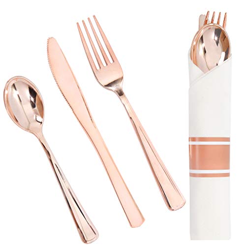 Product Cover WDF 50pcs Rose Gold Plastic Silverware -Rose Gold Cutlery with Napkins-Heavyweight Disposable Flatware Includes 50 Forks, 50 Spoons, 50 Knives in Rolled Napkins for Wedding/Parties