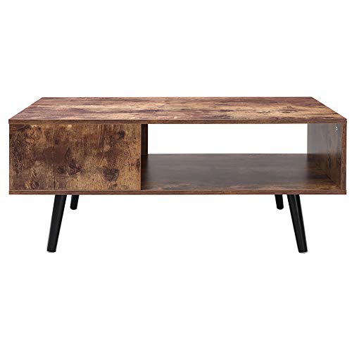 Product Cover Usikey Mid-Century Modern Coffee Table for Living Room, Retro Rectangular Cocktail Table with Storage Shelf, TV Table, Sofa Table, Office Table, Accent Table, Easy Assembly, Rustic Brown YCFZ005F