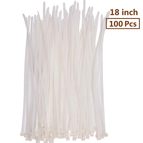 Product Cover 18 Inch Cable Zip Ties, Heavy Duty Industrial Durable Strong Large Nylon Wire Ties Wraps, 175 LB Tensile Strength, (100 Pieces, White)