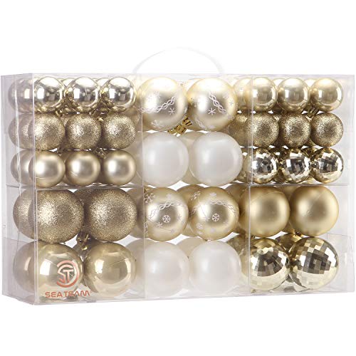 Product Cover Sea Team 86 Pieces of Assorted Christmas Ball Ornaments Shatterproof Seasonal Decorative Hanging Baubles Set with Reusable Hand-held Gift Package for Holiday Xmas Tree Decorations, Gold