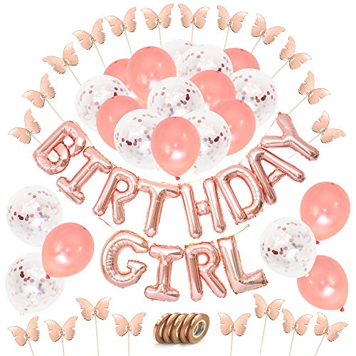 Product Cover Rose Gold Birthday Decorations Set - 12 inch Confetti & Rose Gold Helium Balloons - Metallic Mylar Birthday Girl Banner Letters & Ribbons - Butterfly Shaped Cupcake Toppers Birthday Girl Party