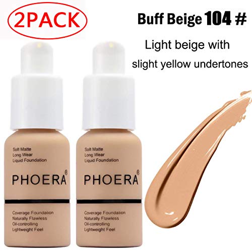 Product Cover 2 Pack Phoera foundation, Brighten Highlighting Matte Oil Control Concealer Facial Blemish Concealer Color Changing Foundation for Women Girls，104 Buff Beige-30ml