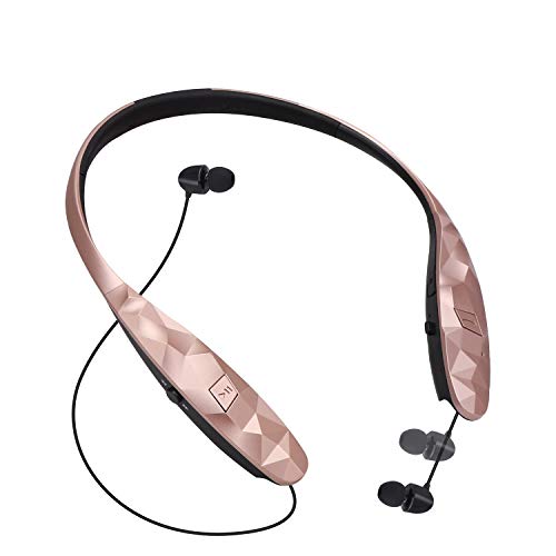 Product Cover Bluetooth Retractable Headphones, CaYoumi Wireless Earbuds Neckband Headset Sports Sweatproof Earphones Compatible with iPhone Android (15 Hrs Playtime, Call Vibrate Alert, Rose)