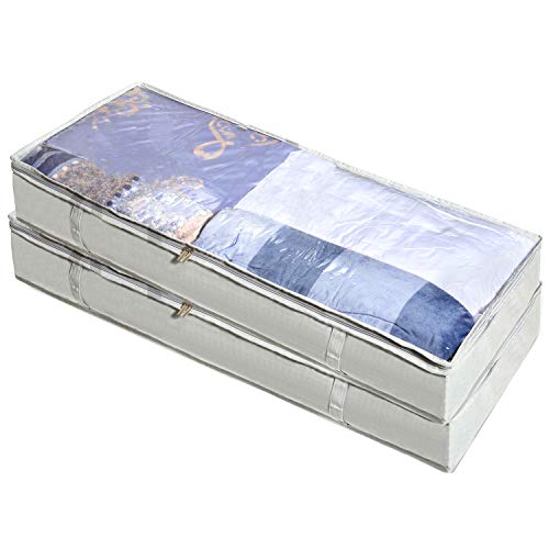 Product Cover MEETMISS Underbed Storage Bags 2-Pack, Polyester-Cotton Fabric Organizer Containers Bins Boxes with Handle & Metel Zipper for Comforter Clothes Blanket Shoes Sweaters Quilt Grey