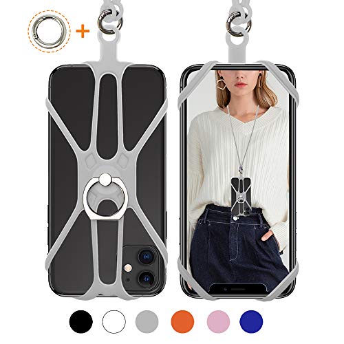 Product Cover SHANSHUI Cell Phone Lanyard, 2 in 1 Detachable Silicone Neck Strap Holder Case with Kickstand Ring Protector for iPhone, Samsung Galaxy and Most Smartphone (Gray)