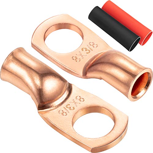 Product Cover Maxdot 10 Pack UL Wire Lugs 8 Gauge 8 AWG 3/8 Inch Stud Ring terminals Heavy Duty Copper Crimp Lugs Welding Cable Bare Copper Eyelet Lug with Heat Shrink Black, Red (8 AWG 3/8 Ring)