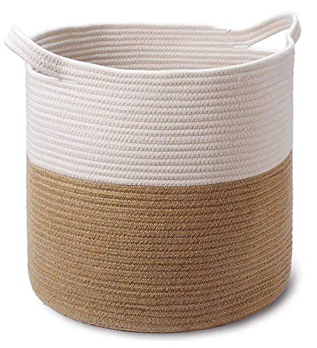 Product Cover Large Jute Cotton Rope Basket - 15 x 15 x 16 Inch - Decorative Woven Storage Basket Laundry Hamper for Sofa Throws, Pillows, Toys, Clothes, Towels, Shoes