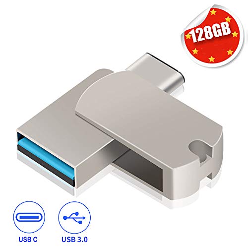 Product Cover EASTBULL 128GB USB C Flash Drive 2 in 1 Ports Type C and USB 3.0 Metal Flash Drive Waterproof Memory Stick with Keychain for Type-C Android Smartphones, Tablets, Computer, MacBook (Mini Size-Silver)