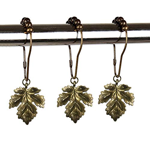 Product Cover Chictie Stainless Steel Shower Curtain Rings Roller Ball Hooks with Antique Maple Leaves Decor Set of 12,Vintage Bronze Polished