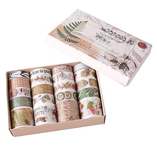 Product Cover 20 Rolls Masking Washi Tape Set Vintage Postmark Map Letter Bird Butterfly Cute Animal Floral Plant Decorative Sticker DIY Adhesive Label for Scrapbooking Planner Diary Journal Album