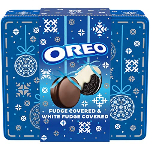 Product Cover Oreo [Fudge &] White Fudge Covered Chocolate Sandwich Cookies Holiday Gift Tin, Original Flavor CrÃ¨me (24 Count (Pack of 1) Cookies Total)