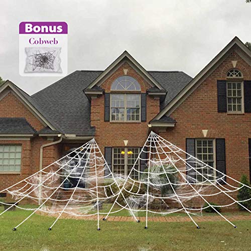 Product Cover Pawliss Halloween Decorations, 16 feet 2 Pack Giant Dense Spider Web with Super Stretch Cobweb Set, Halloween Outdoor Yard Decor, White