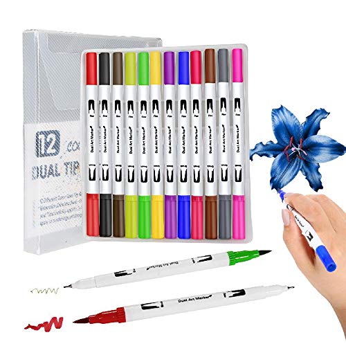 Product Cover Dual Tip Brush Markers Pen, Fine and Brush Tip Colored Dual Pens for Coloring Books, Drawing, Bullet Journal, Planner, School Art Projects(12 Colors)
