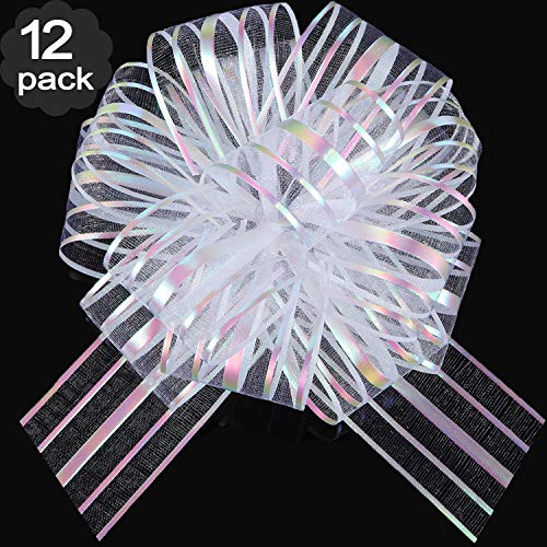 Product Cover 12 Pack Pull Bow Large 6 Inch White Organza Pull String Bows with Ribbon for Wedding Christmas Easter Gifts, Basket Knot, Wrap The Box or Floral Decoration (White)