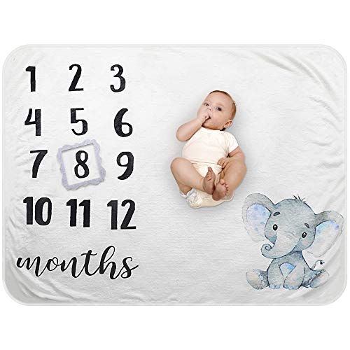 Product Cover Baby Monthly Milestone Blanket - Organic Plush Fleece Photography Background Prop for Boy Girl Newborn Soft Elephant Blanket with Frame Large 47''x40''